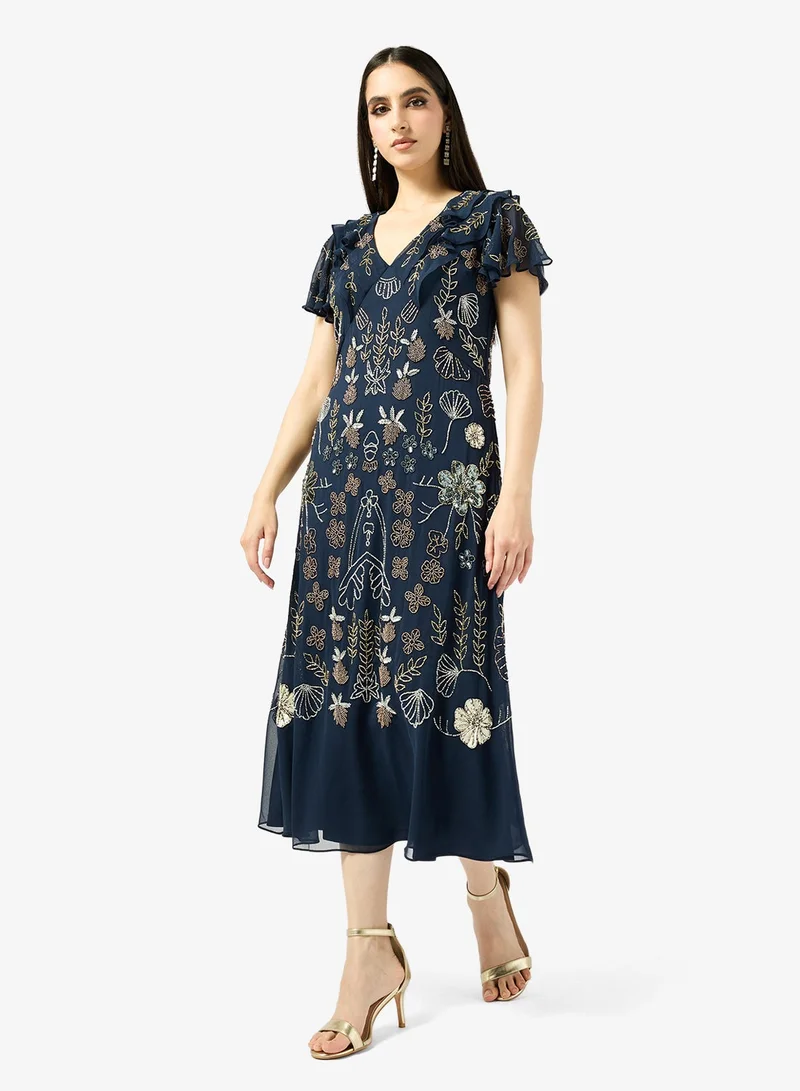 Frock And Frill  Embroidered Short Sleeve Midi Dress for Women | Best Price UAE